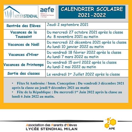 Calendrier scolaire 2021/2022