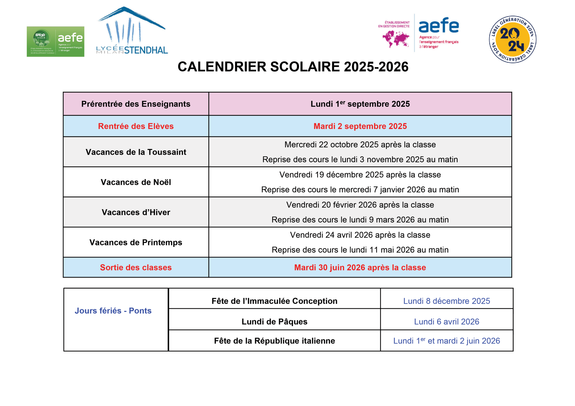 Calendrier scolaire 2025/26