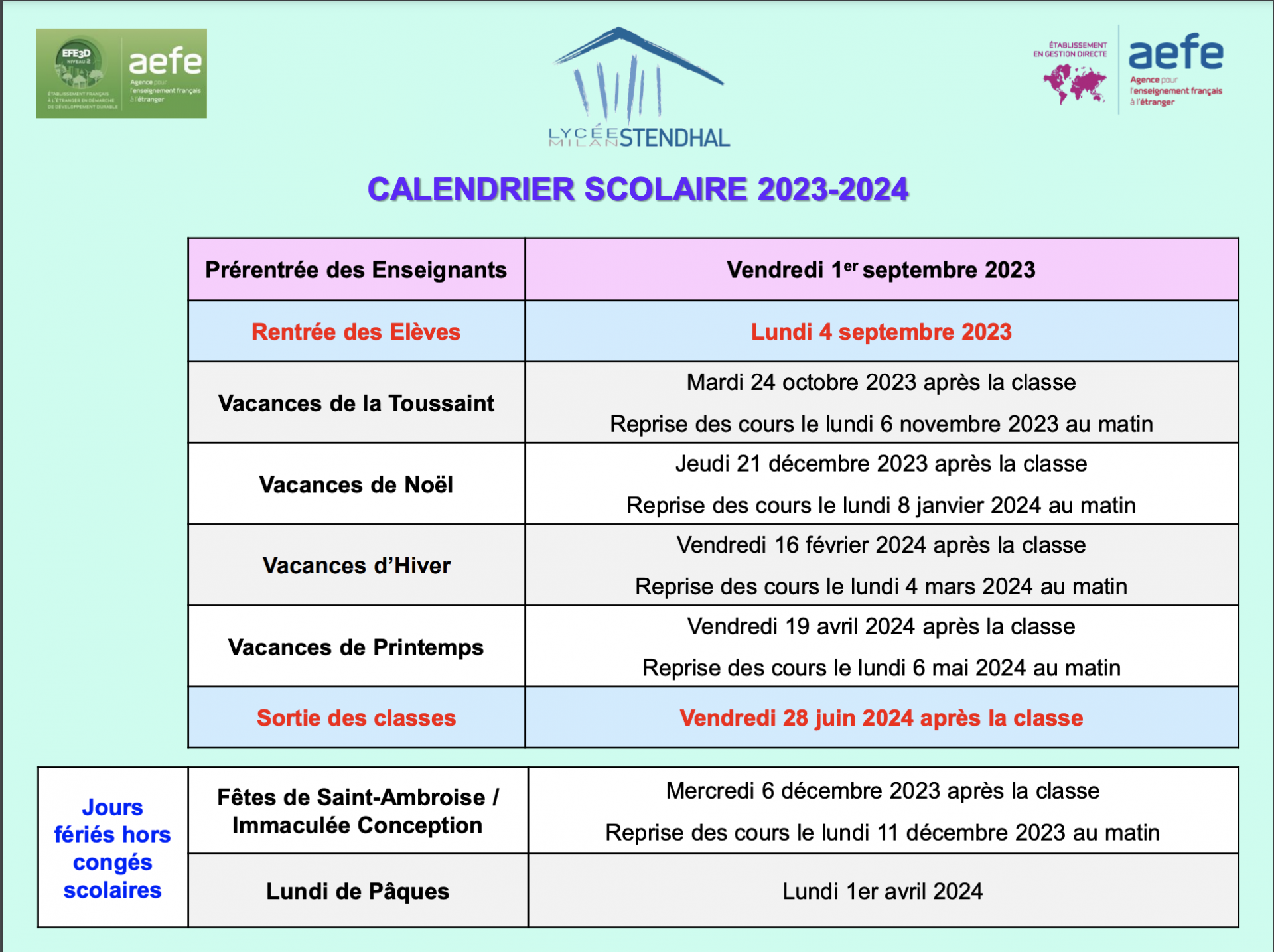 Calendrier scolaire 2023 24